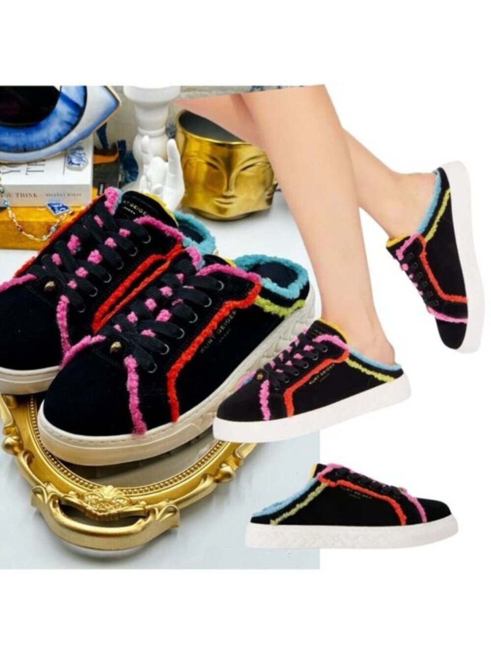 🆕 KURT GEIGER LONDON 🧿 NWOT Kensington Cupsole Mule Sneaker, Black Multi - 38